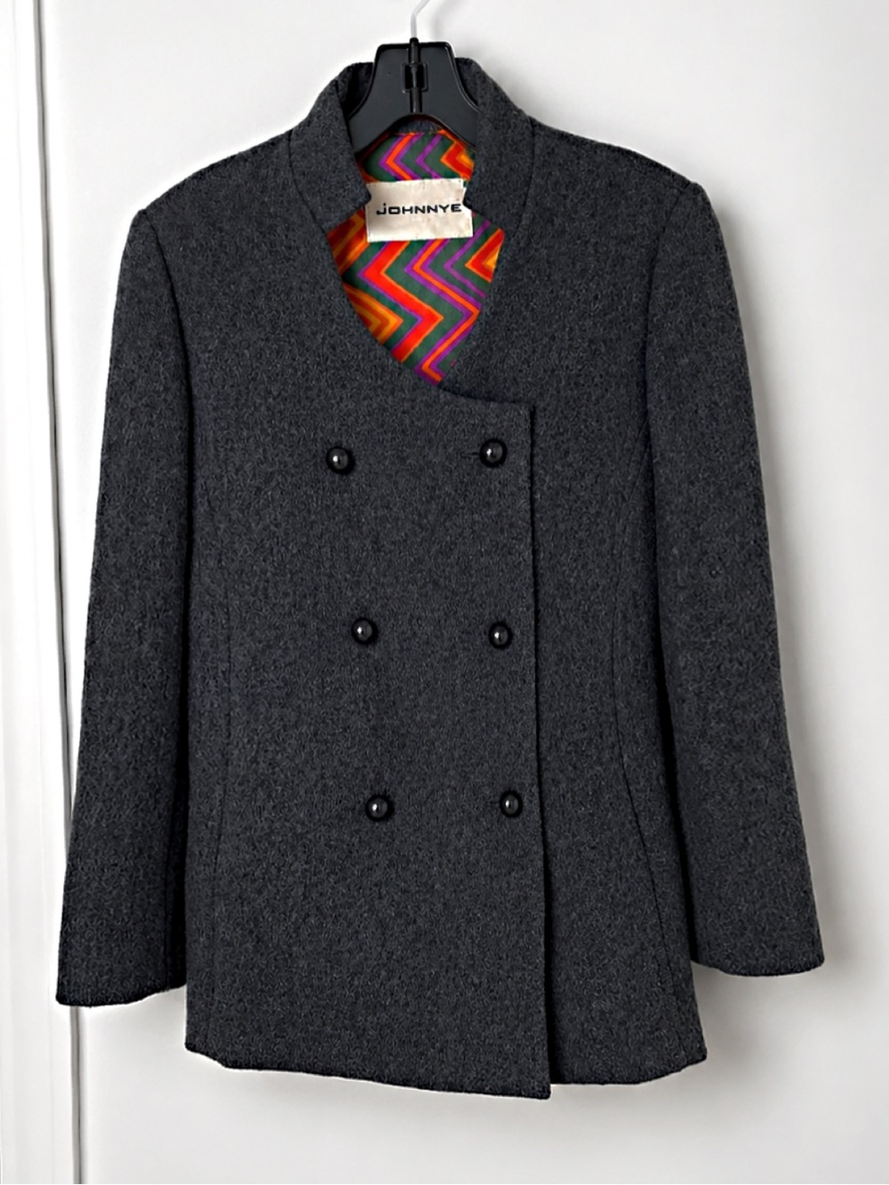 Vintage 70s Johnnye Wool Double Breasted Blazer Pea Coat Chevron Lining Sz Med .